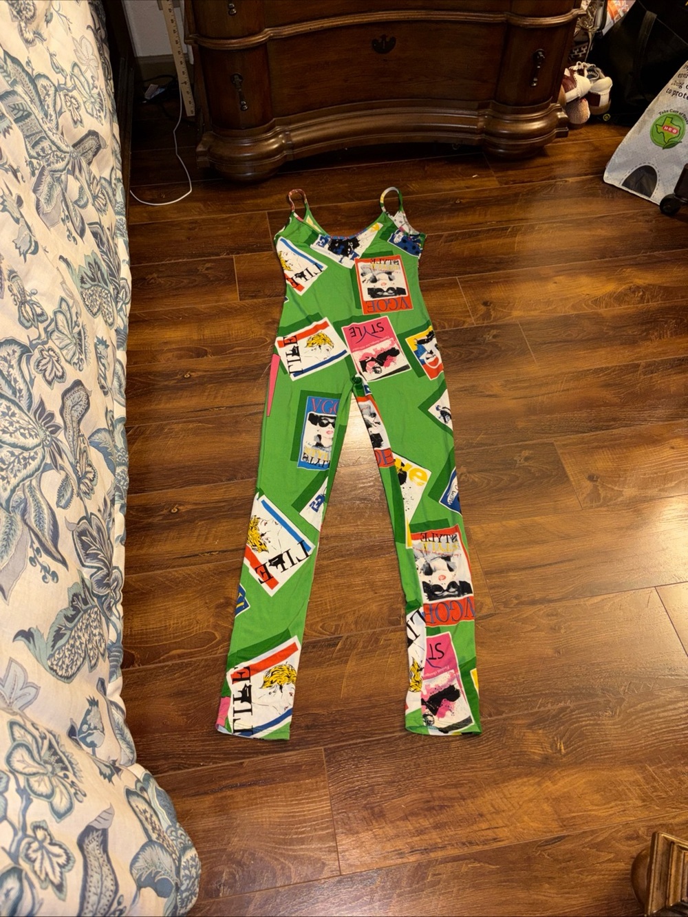 Women’s Lime Green Print Art Magazine Sleeveless Jumpsuit Size OS